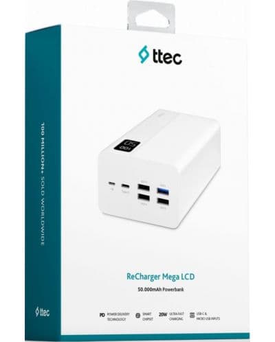 Портативна батерия ttec - ReCharger Mega LCD, 50000 mAh, бяла