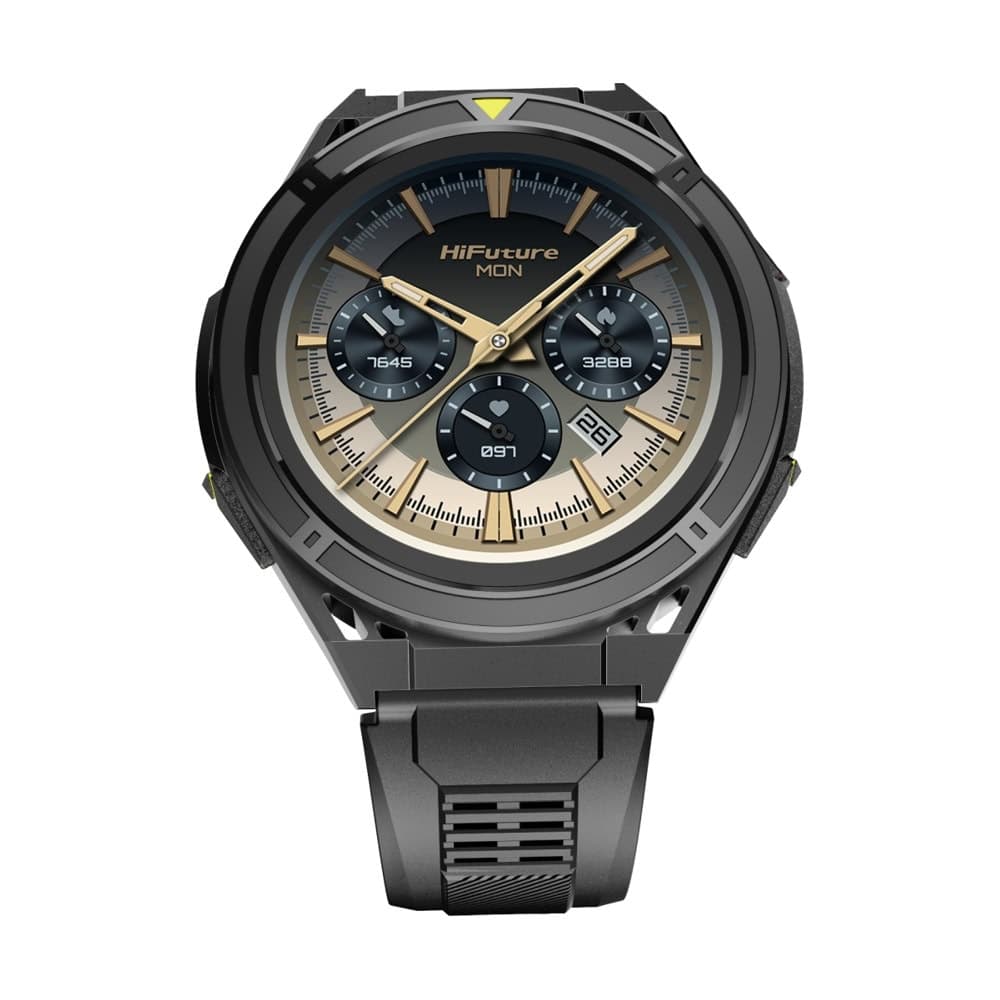 HiFuture Active Black Yellow, *1.43" AMOLED, Dual Band GPS +Compass + Altimeter 466*466, Powered by Dual Core & Syntra AI, Bluetooth Call, 5ATM Waterproof, 24/7 True Heart Rate & Blood Oxygen Sensor, Up to 10 days daily use