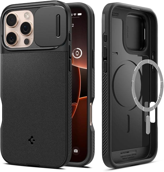 Силиконов (TPU) калъф с капак за камерата с MagSafe за iPhone 16 Pro Max - Spigen Optik Armor MagSafe Case (черен)