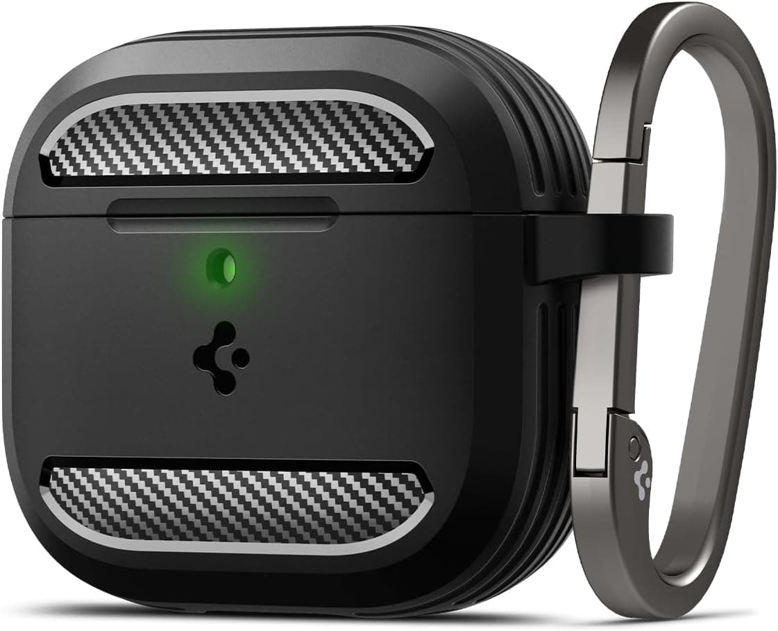 Силиконов удароустойчив кейс с карабинер за Apple AirPods 4 - Spigen Rugged Armor Case (черен)