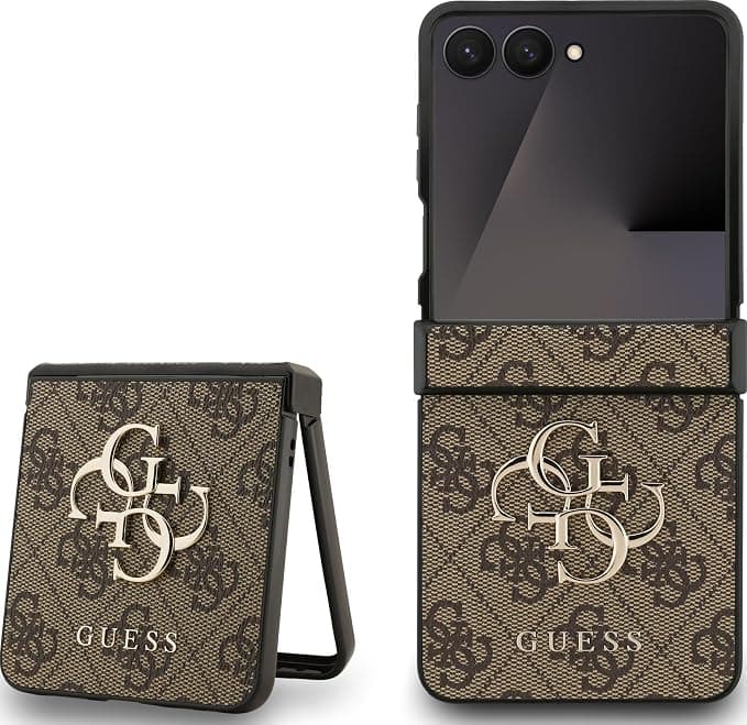 Дизайнерски кожен кейс за Samsung Galaxy Z Flip7 - Guess 4G Metal Logo PU Leather Hard Case (кафяв)