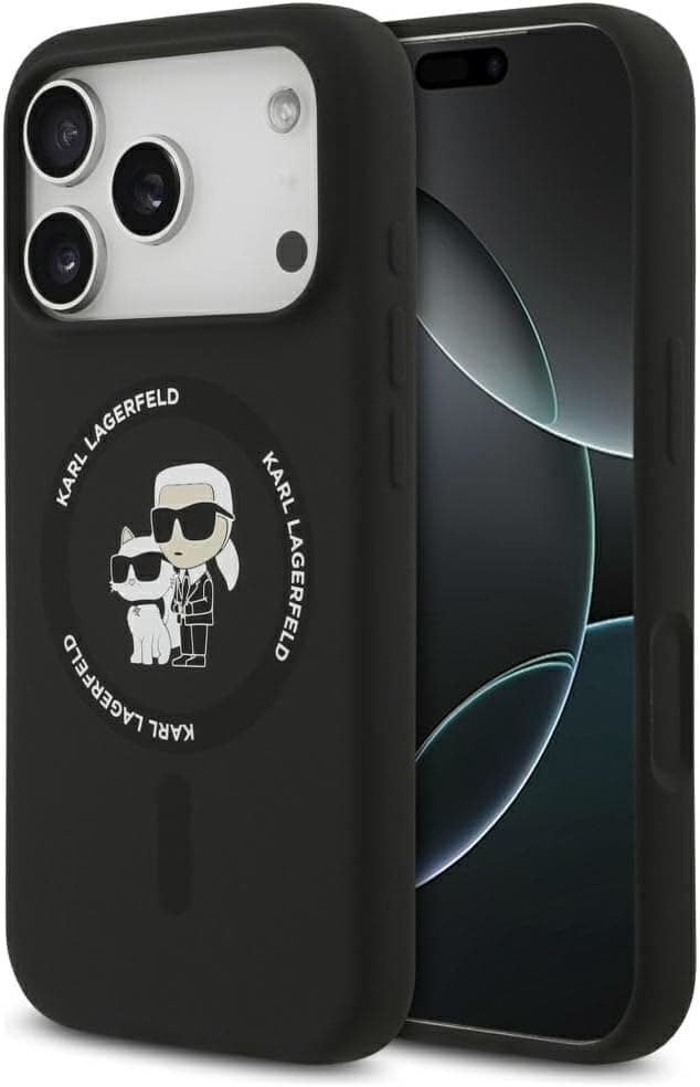 Дизайнерски силиконов кейс с MagSafe за iPhone 17 Pro Max - Karl Lagerfeld Liquid Silicone Karl and Choupette Heads MagSafe Case (черен)