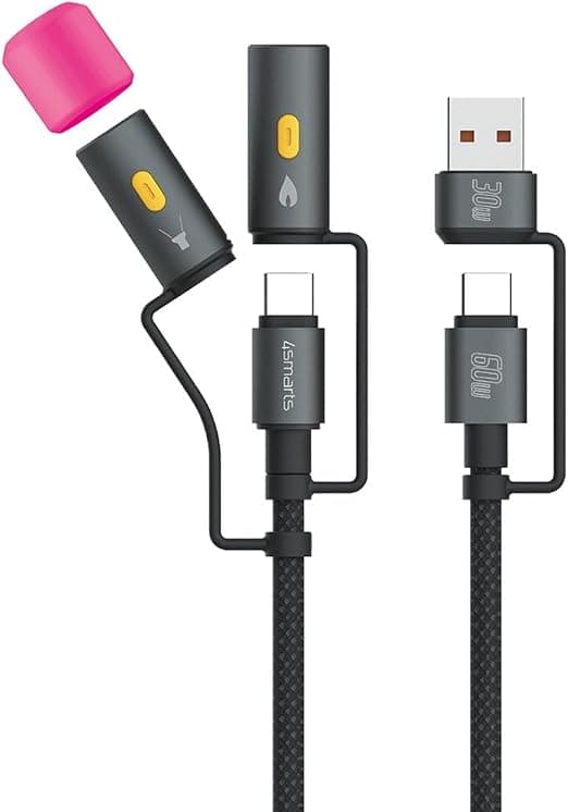 Кабел с бързо зареждане за устройства с USB-C порт, LED светлина и запалка и USB-C към USB-A адаптер - 4smarts 4-in-1 USB-C Cable Set Explorer 60W (100 см) (черен)