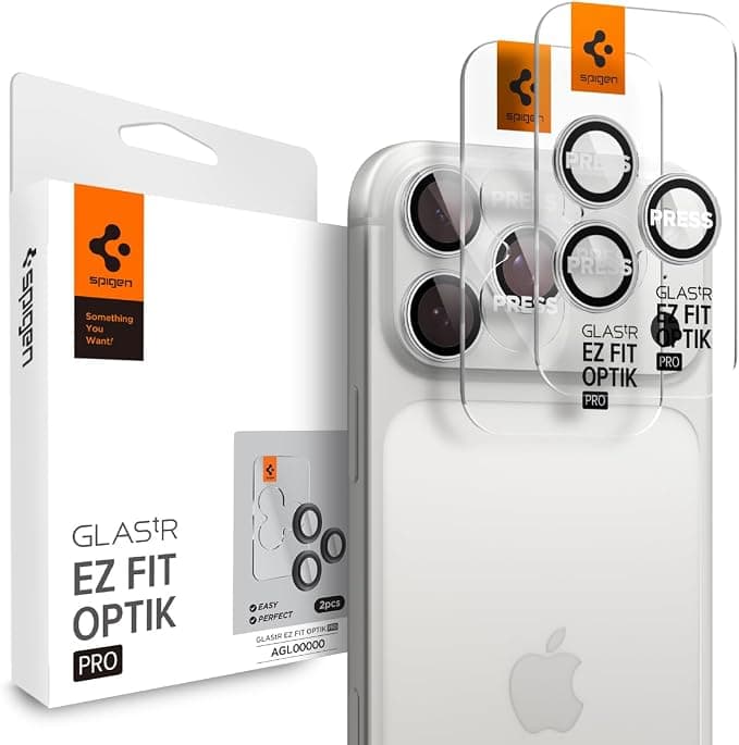 2 комплекта предпазни стъклени лещи за камерата на iPhone 17 Pro, iPhone 17 Pro Max, iPhone 16 Pro, iPhone 16 Pro Max, iPhone 15 Pro, iPhone 15 Pro Max, iPhone 14 Pro, iPhone 14 Pro Max - Spigen Glass tR EZ Fit Optik Pro Lens Protector 2 Pack (сребрист)