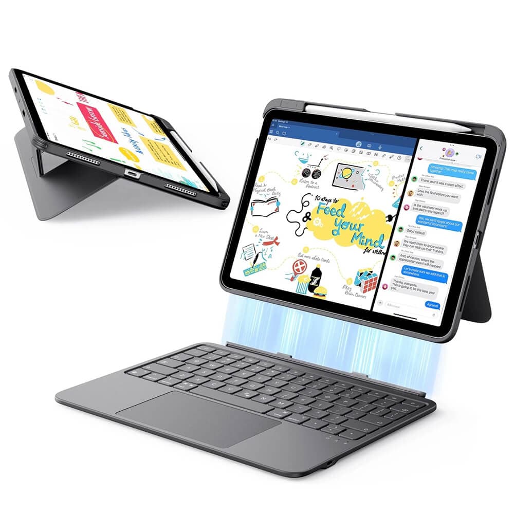 Полиуретанов калъф с отделяща клавиатура и поставка за iPad 10 (2022), iPad 11 (2025) - ESR Flex Magnetic Hybrid Keyboard Case (тъмносив)