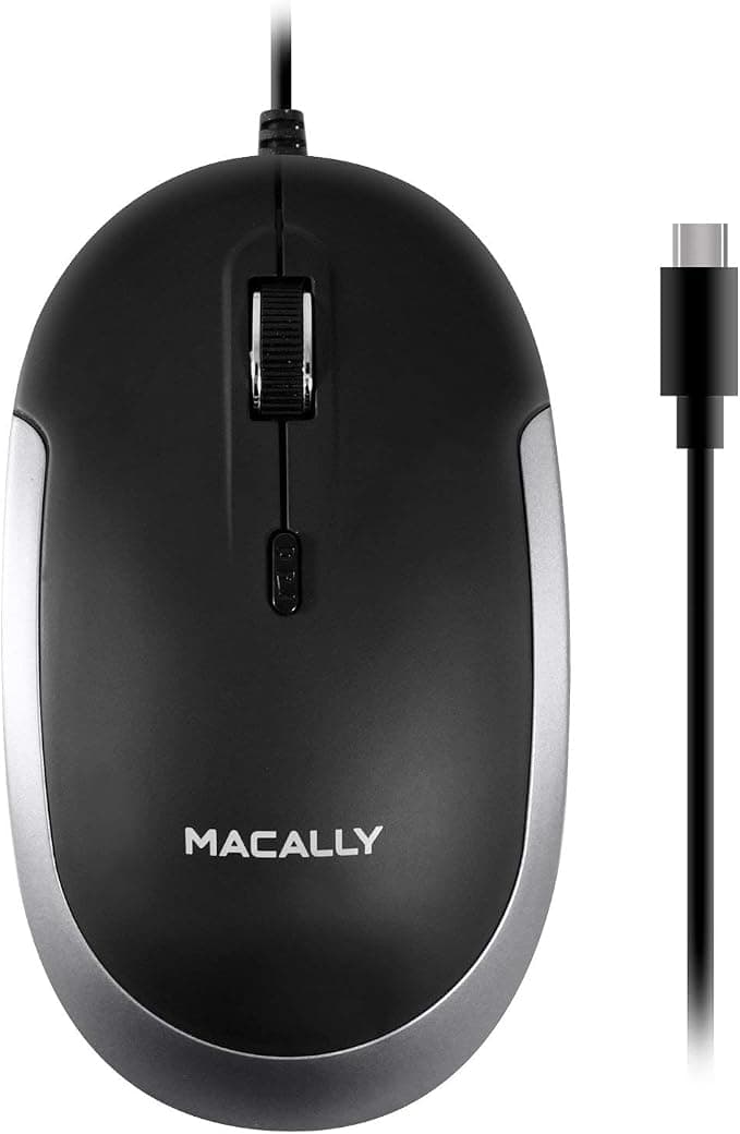 USB-C оптична мишка за PC и Mac - Macally USB-C Optical Quiet Click Mouse (черен-сив)