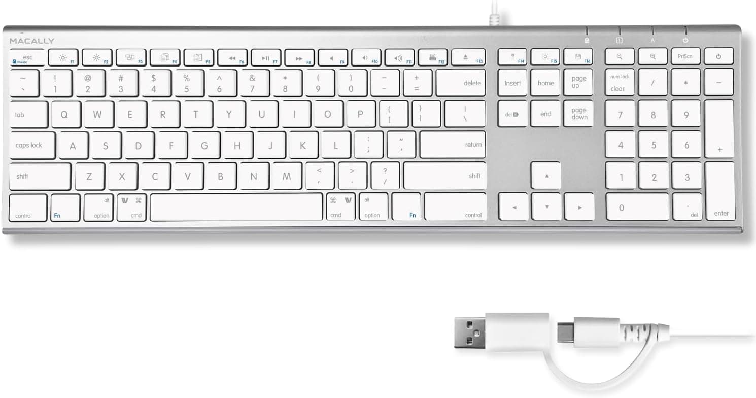 USB-C клавиатура оптимизирана за Mac - Macally Aluminum USB-C Wired Keyboard With USB-A Adapter US (бял)