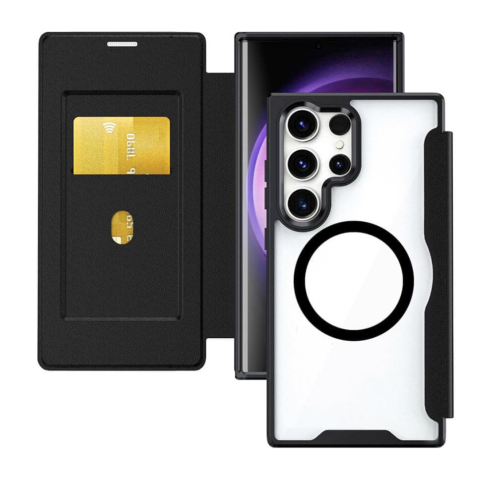 Кожен калъф, тип портфейл с отделение за кр. карти и Qi2 поддръжка за Samsung Galaxy S26 Ultra - 4smarts Urban Pro Flipcase (черен)