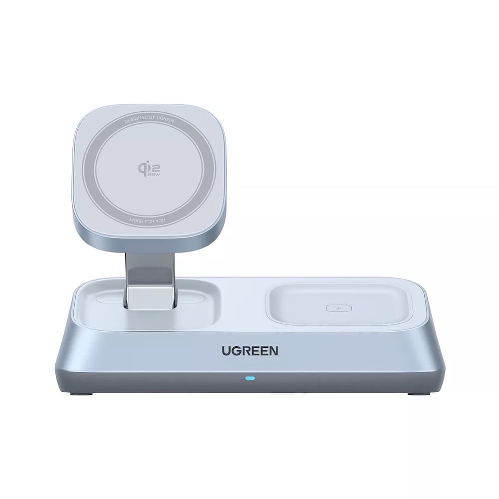 Преносима тройна поставка (пад) за безжично зареждане за iPhone с MagSafe, Apple Watch, AirPods и Qi съвместими мобилни устройства - Ugreen MagFlow 3-in-1 Qi2 Magnetic Wireless Charger (син)