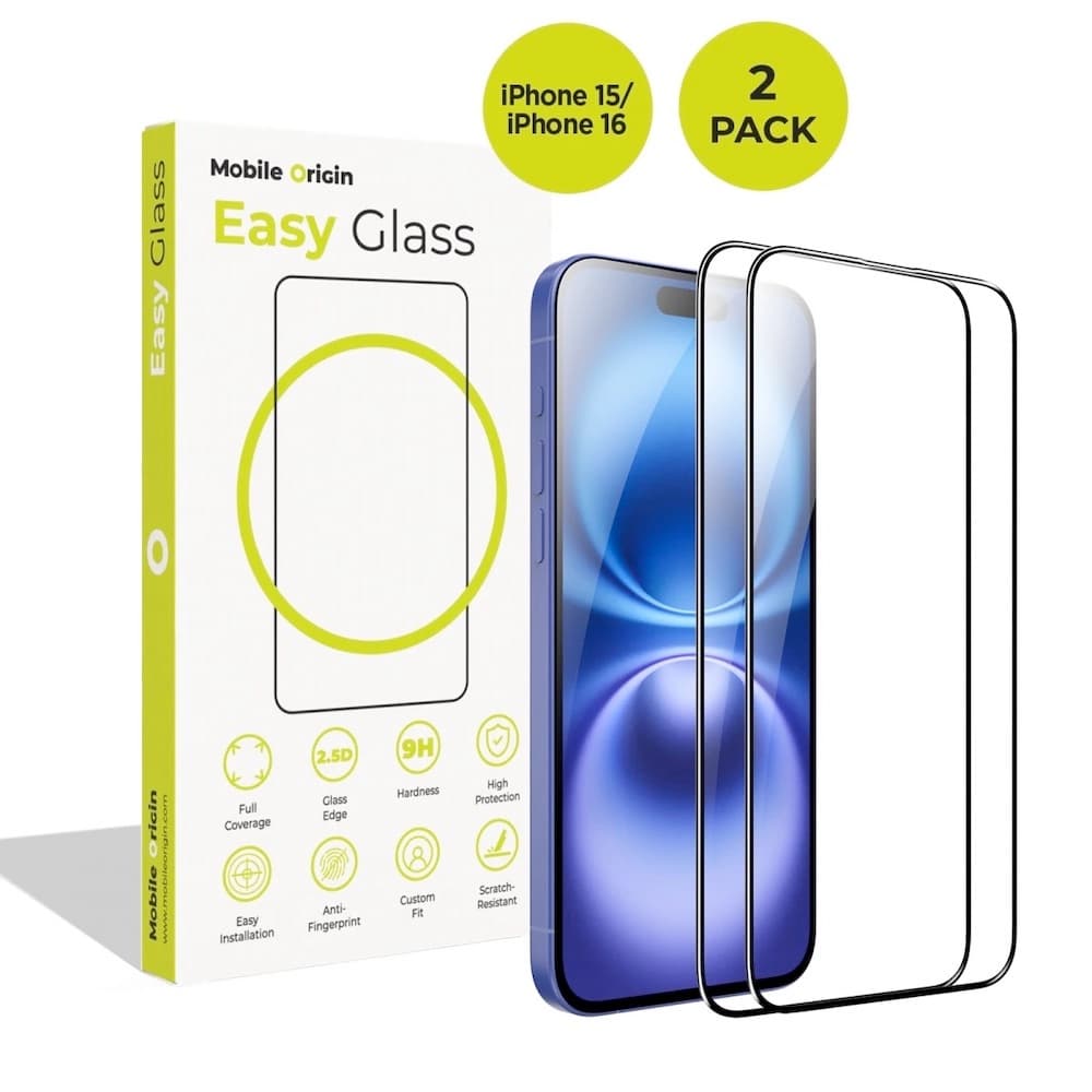 2 броя калени стъклени защитни покрития за дисплея на iPhone 16, iPhone 15 - Mobile Origin EasyGlass Full Cover Tempered Glass 2 Pack (черен-прозрачен)