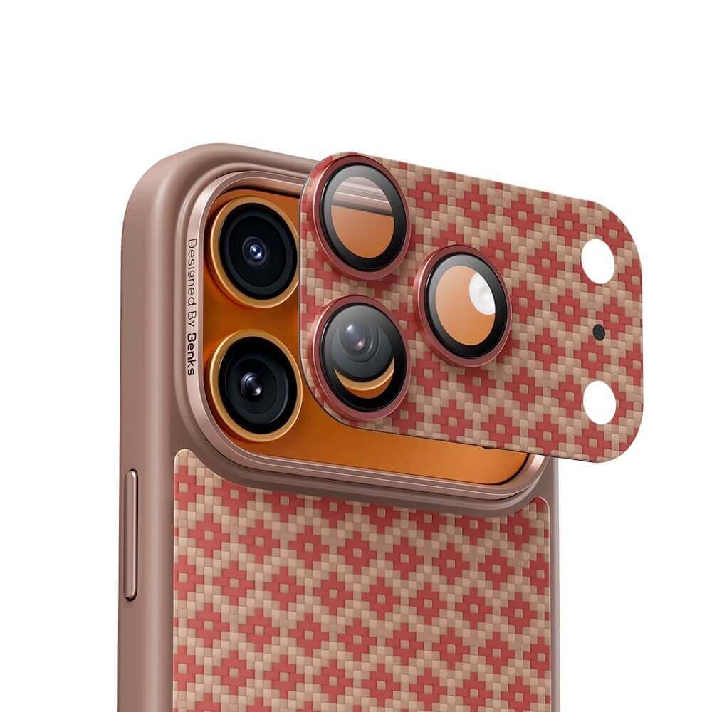 Предпазни стъклени лещи с цяла кевларна плочка за камерата на iPhone 17 Pro Max - Benks ArmorWarrior Aramid Lens Protector Tempered Glass (оранжев)