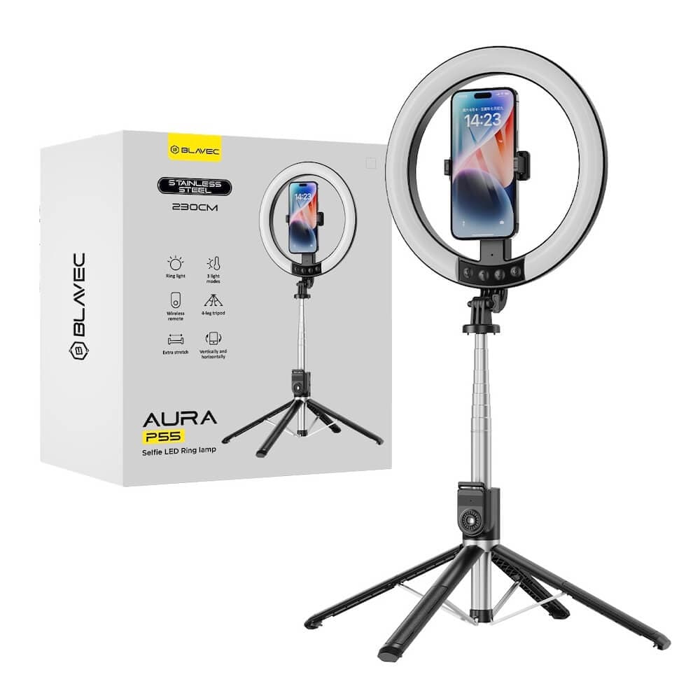 Универсален трипод с LED светлина за смартфони - Blavec Aura Selfie Ring Lamp LED Light with Tripod (33.5 см) (черен)