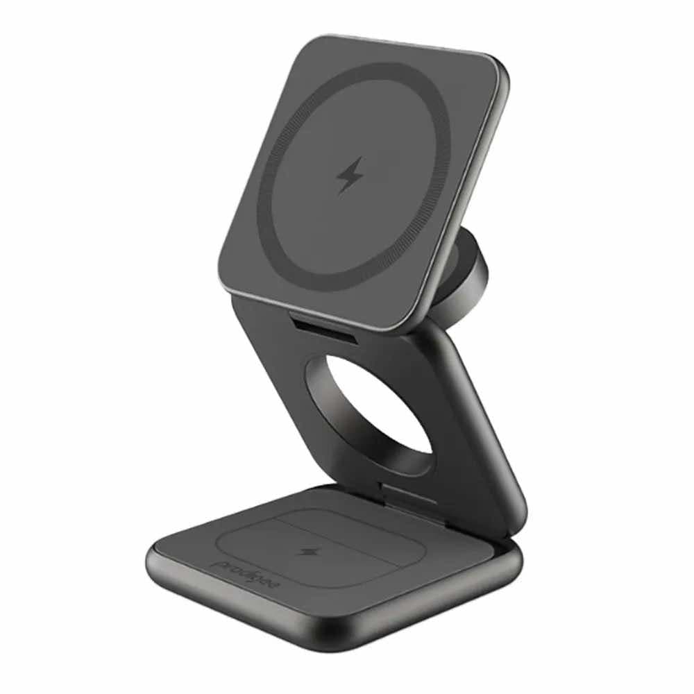 Тройна поставка (пад) за безжично зареждане за iPhone с MagSafe, Apple Watch, AirPods и Qi съвместими мобилни устройства - Prodigee 3Rio Pro 3-in-1 Wireless Charger 22.5W (черен)