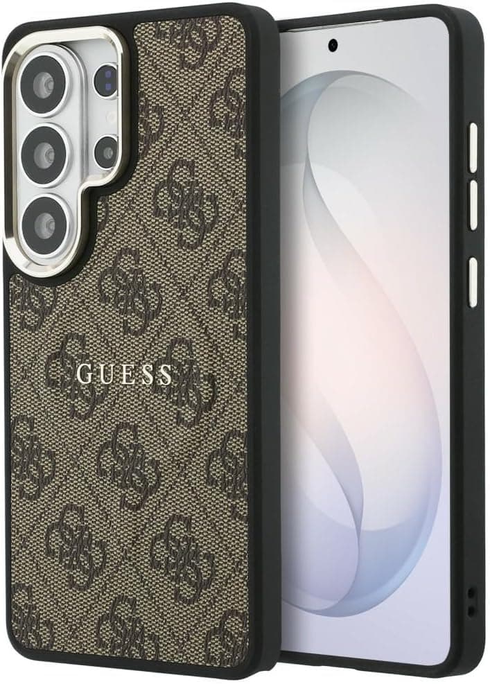 Дизайнерски кожен кейс с MagSafe за Samsung Galaxy S26 Ultra - Guess PU 4G Gold Frame MagSafe Leather Hard Case (кафяв)