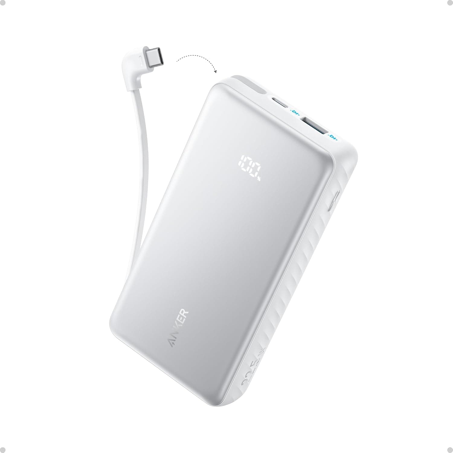 Външна батерия с вграден USB-C кабел, USB-C и USB-A портове и технология за бързо зареждане - Anker Zolo, 20000mAh, 22.5W, QC + PD, White