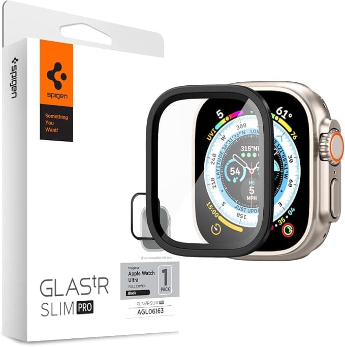 Калено стъклено защитно покритие с алуминиева рамка за Apple Watch Ultra, Ultra 2, Ultra 3 49мм - Spigen Glass GLAS.tR Slim Pro Tempered Galss (черен-прозрачен)