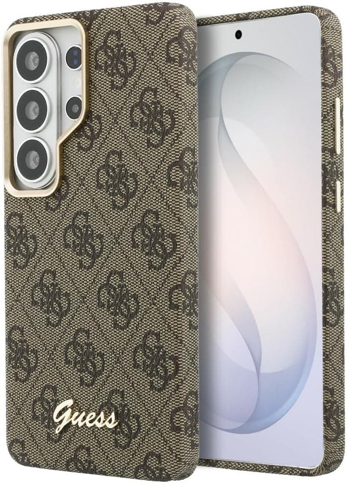 Дизайнерски кожен кейс с MagSafe за Samsung Galaxy S26 Ultra - Guess PU 4G Script Metal Logo Magnetic Case (кафяв)