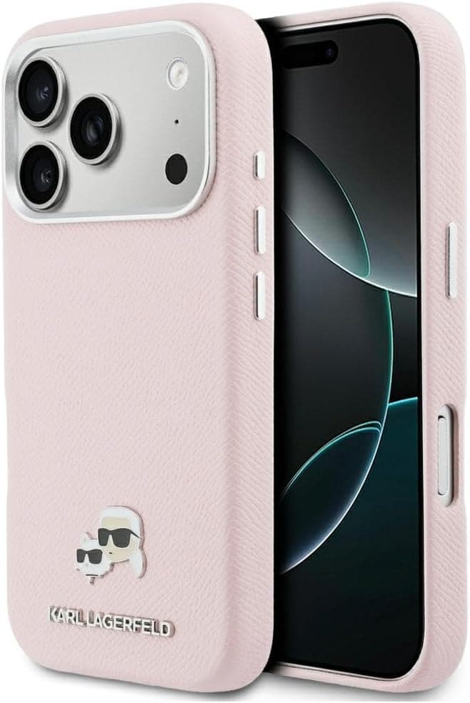 Дизайнерски кожен кейс с MagSafe за iPhone 17 Pro Max - Karl Lagerfeld PU Saffiano Karl and Choupette Heads Pins MagSafe Case (розов)