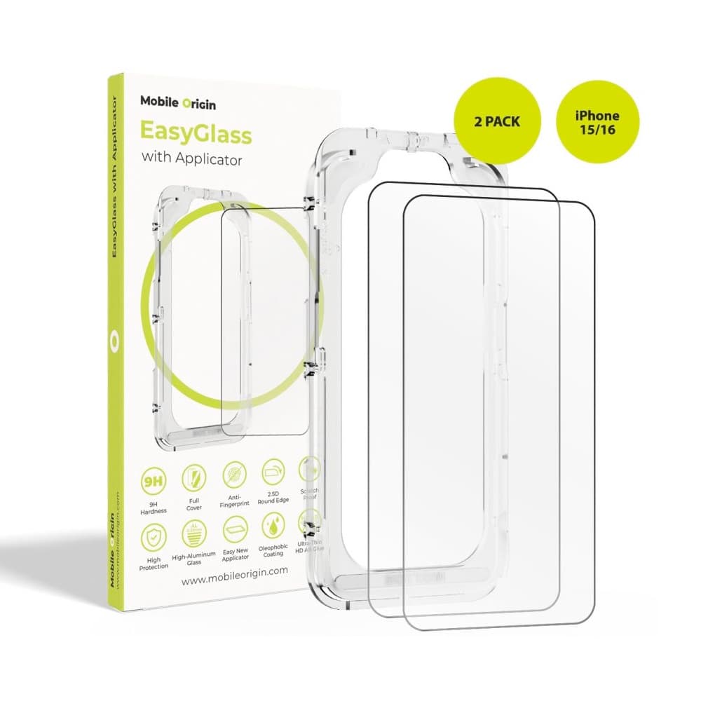 2 броя калени стъклени защитни покрития за дисплея на iPhone 16, iPhone 15 - Mobile Origin EasyGlass Full Cover Tempered Glass Pack With Applicator (черен-прозрачен)