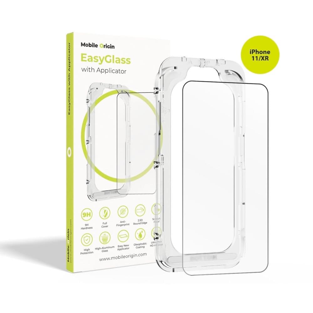Калено стъклено защитно покритие за дисплея на iPhone 11, iPhone XR - Mobile Origin EasyGlass Full Cover Tempered Glass With Applicator (черен-прозрачен)