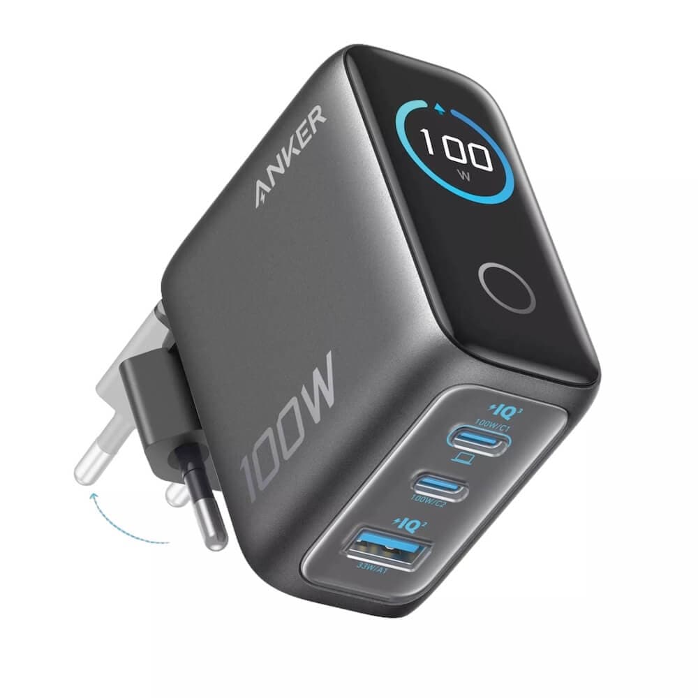 Захранване за ел. мрежа за лаптопи, смартфони и таблети с USB-A и 2xUSB-C изходи с технология за бързо зареждане - Anker Prime GaN Prime Wall Charger Smart Display 100W (тъмносив)