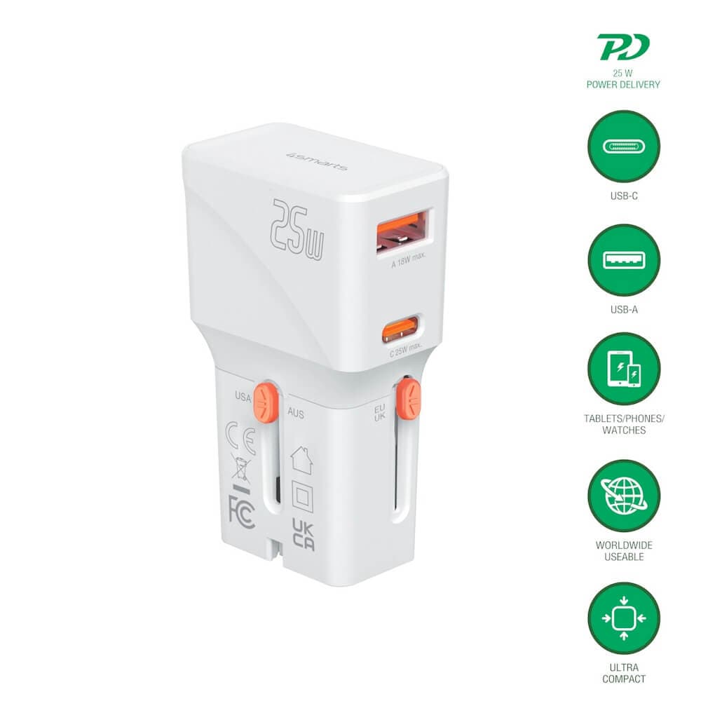 Захранване с USB-C и USB-A изхода и преходници за цял свят в едно устройство за мобилни устройства - 4smarts Nomad Pocket World Travel Adapter 25W (бял)