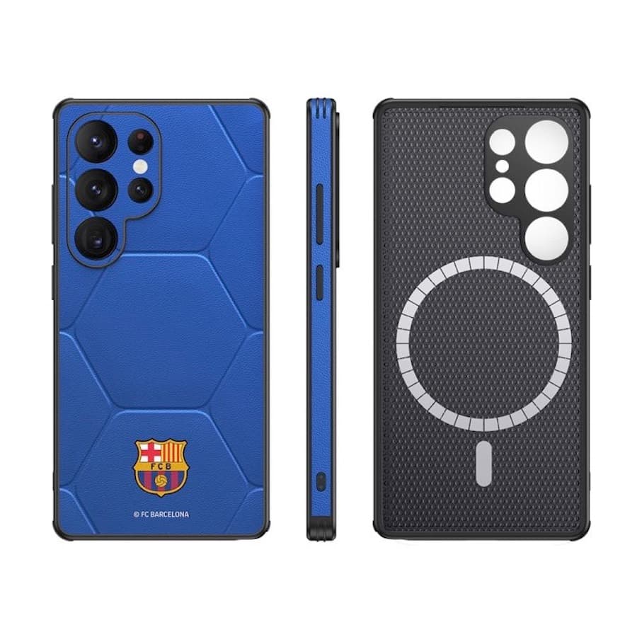 Дизайнерски кожен кейс с MagSafe за Samsung Galaxy S25 Ultra - FC Barcelona Official Magnetic Leather Case (син)