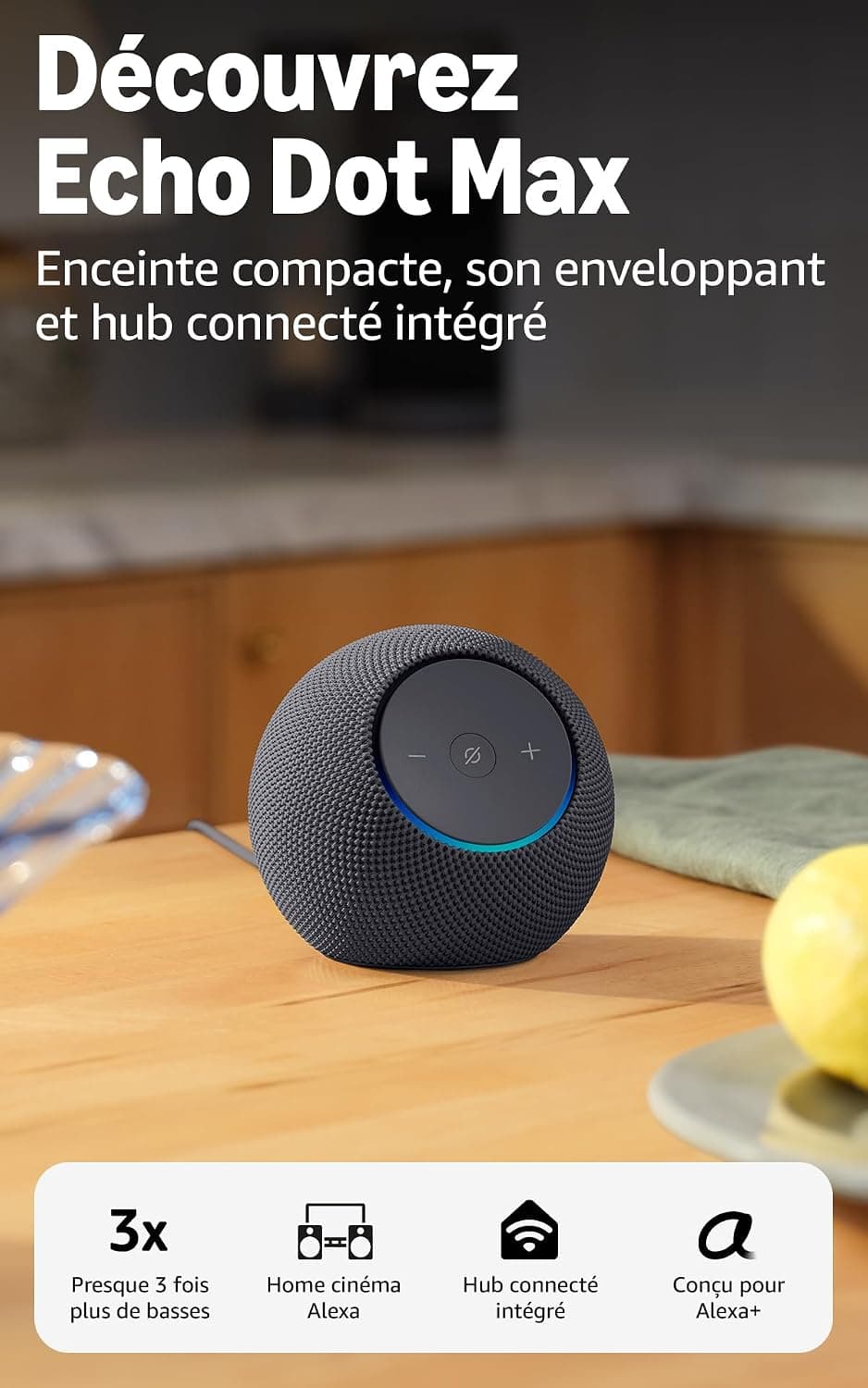 Преносима смарт тонколона Amazon Echo Dot Max 2025, Alexa, черен