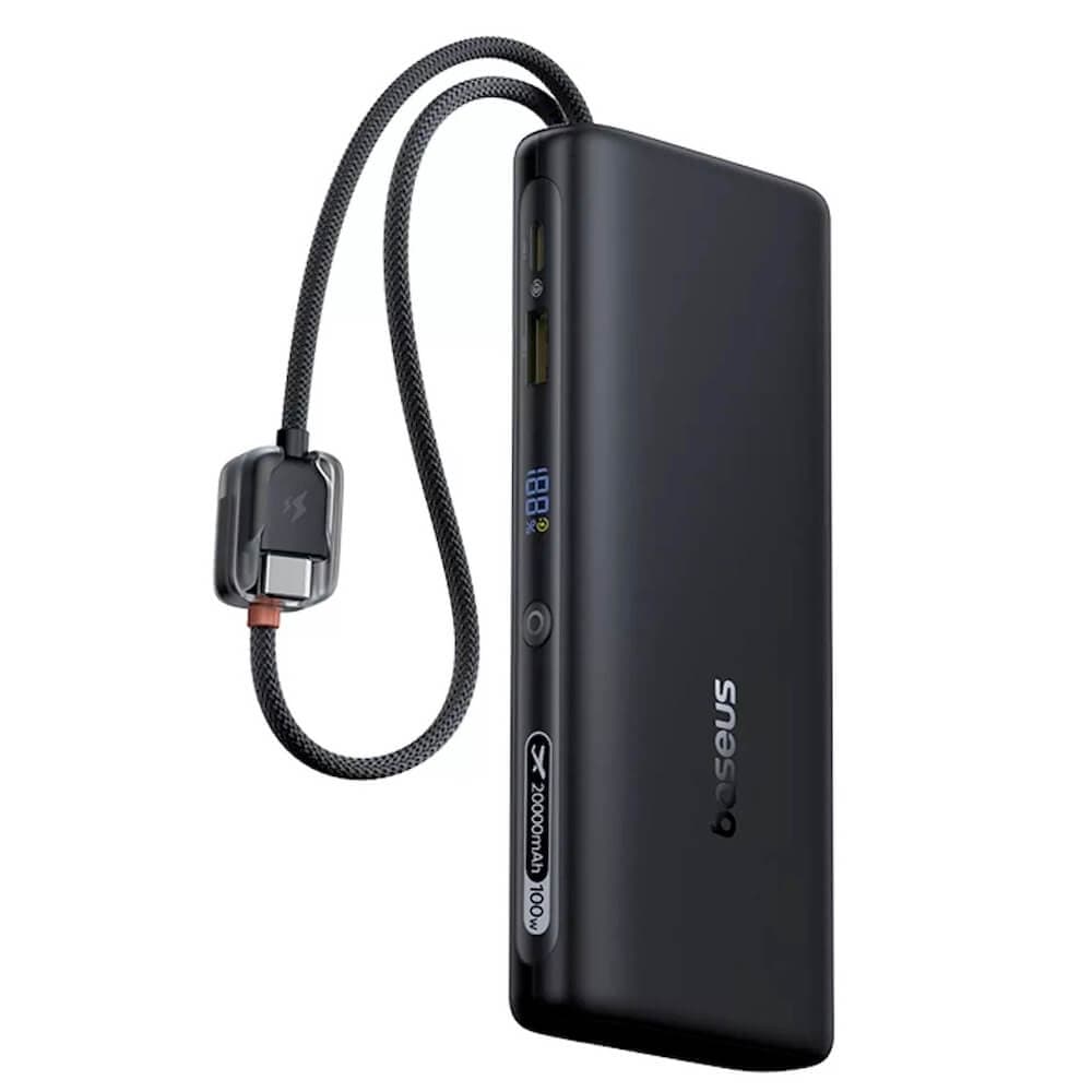 Външна батерия с вградени USB-C кабели, USB-A и USB-C изходи и технология за бързо зареждане - Baseus EnerFill FC41 Digital Display Power Bank 100W 20000 mAh (E0028N03) (черен)