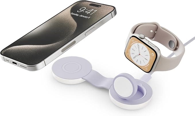 TwelveSouth ButterFly SE 2-in-1 Qi2 магнитна поставка за безжично зареждане за iPhone с MagSafe и Apple Watch, 15W, Лавандула