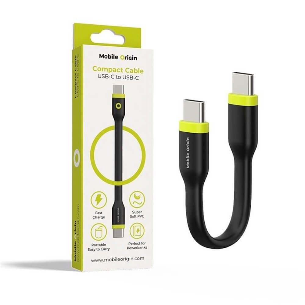Гъвкав кабел с бързо зареждане за устройства с USB-C - Mobile Origin Compact USB-C to USB-C Cable 60W (10 см) (черен)