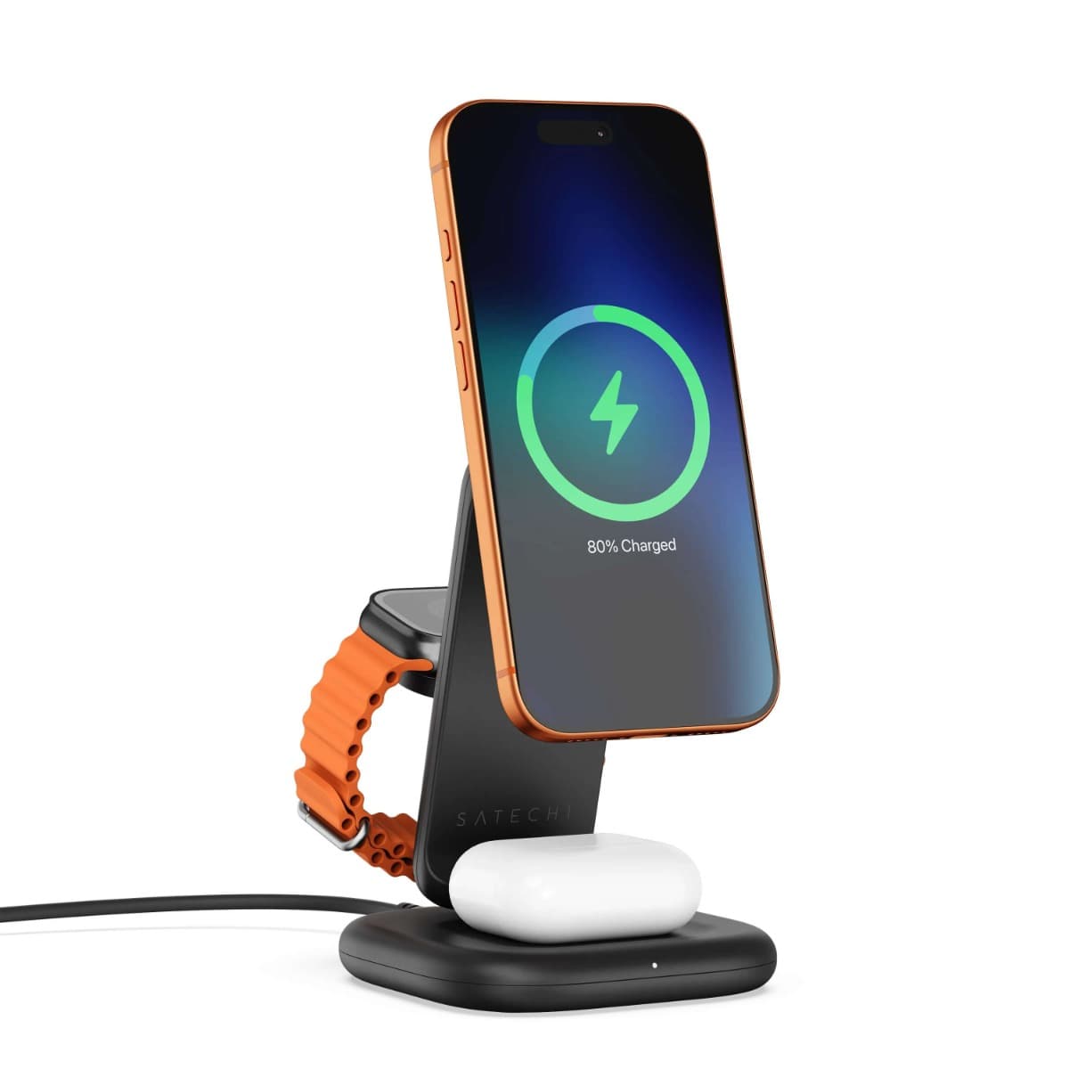 Тройна поставка (пад) за безжично зареждане за iPhone с Magsafe и AirPods - Satechi 3-in-1 Foldable Qi2 Magnetic Wireless Charging Stand 25W (черен)