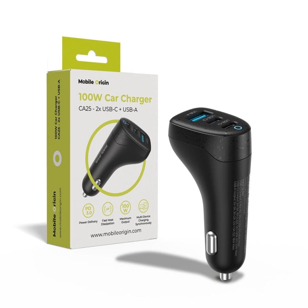 Зарядно за кола с 2xUSB-C и USB-A изходи с технология за бързо зареждане и USB-C към USB-C кабел - Mobile Origin CA25 Triple Quick Car Charger 100W (черен)