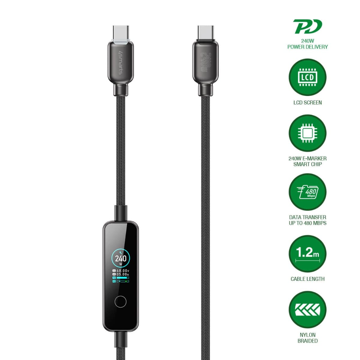 Кабел с бързо зареждане за устройства с USB-C порт (120 см) - 4smarts ScreenCord USB-C to USB-C Cable 240W (черен)