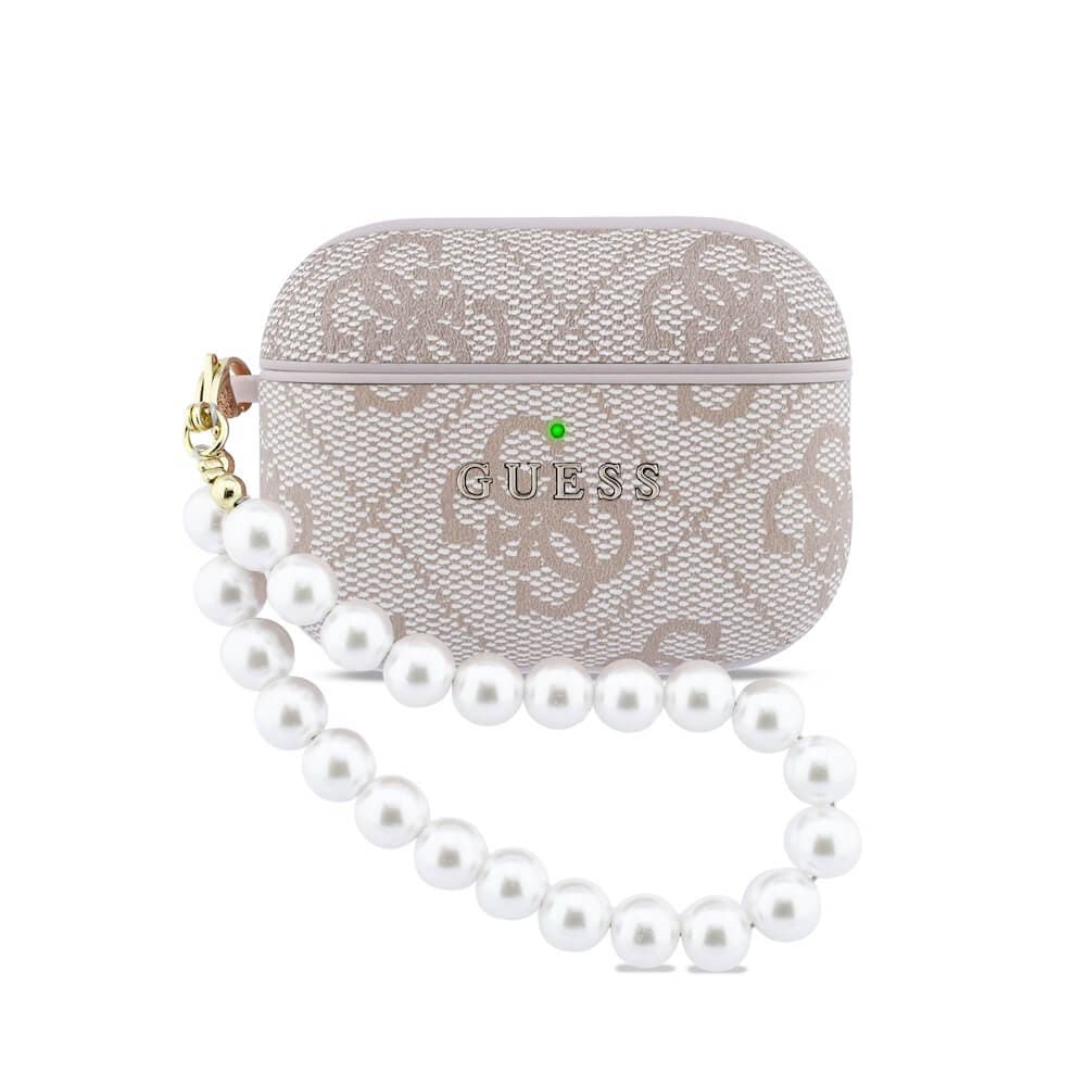 Кожен кейс с висулка за Apple AirPods Pro 3 - Guess PU 4G Classic Logo Pearl Strap Hard Case (розов)