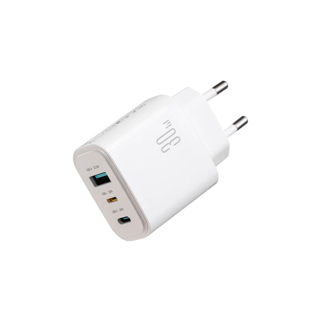 Захранване за ел. мрежа за мобилни устройства с USB-A, USB-C и Lightning изходи с технология за бързо зареждане - Joyroom JR-TG6 GaN 3-Port USB-C Lightning USB-A Wall Charger 30W (бял)