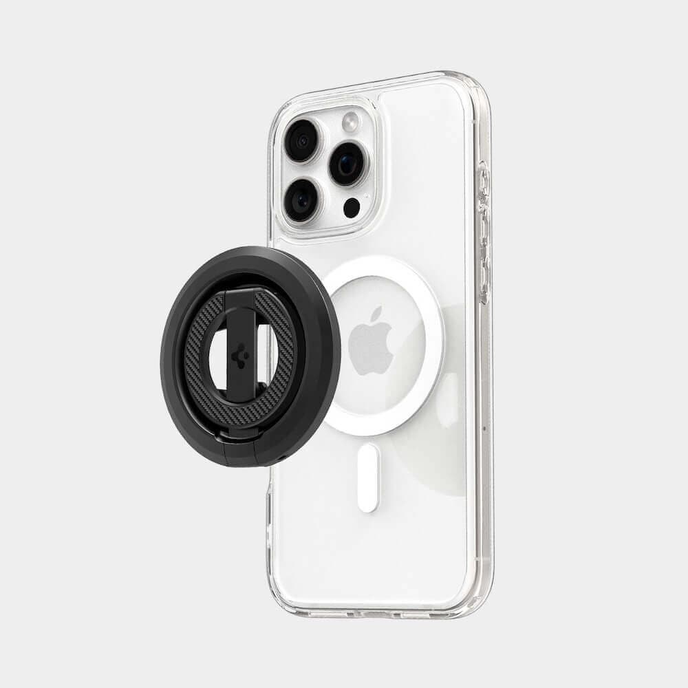 Магнитен пръстен против изпускане, с поставка, съвместим с MagSafe за iPhone и други смартфони - Spigen O-Mag Magnetic Ring Stand With Adjustable Stand (черен)