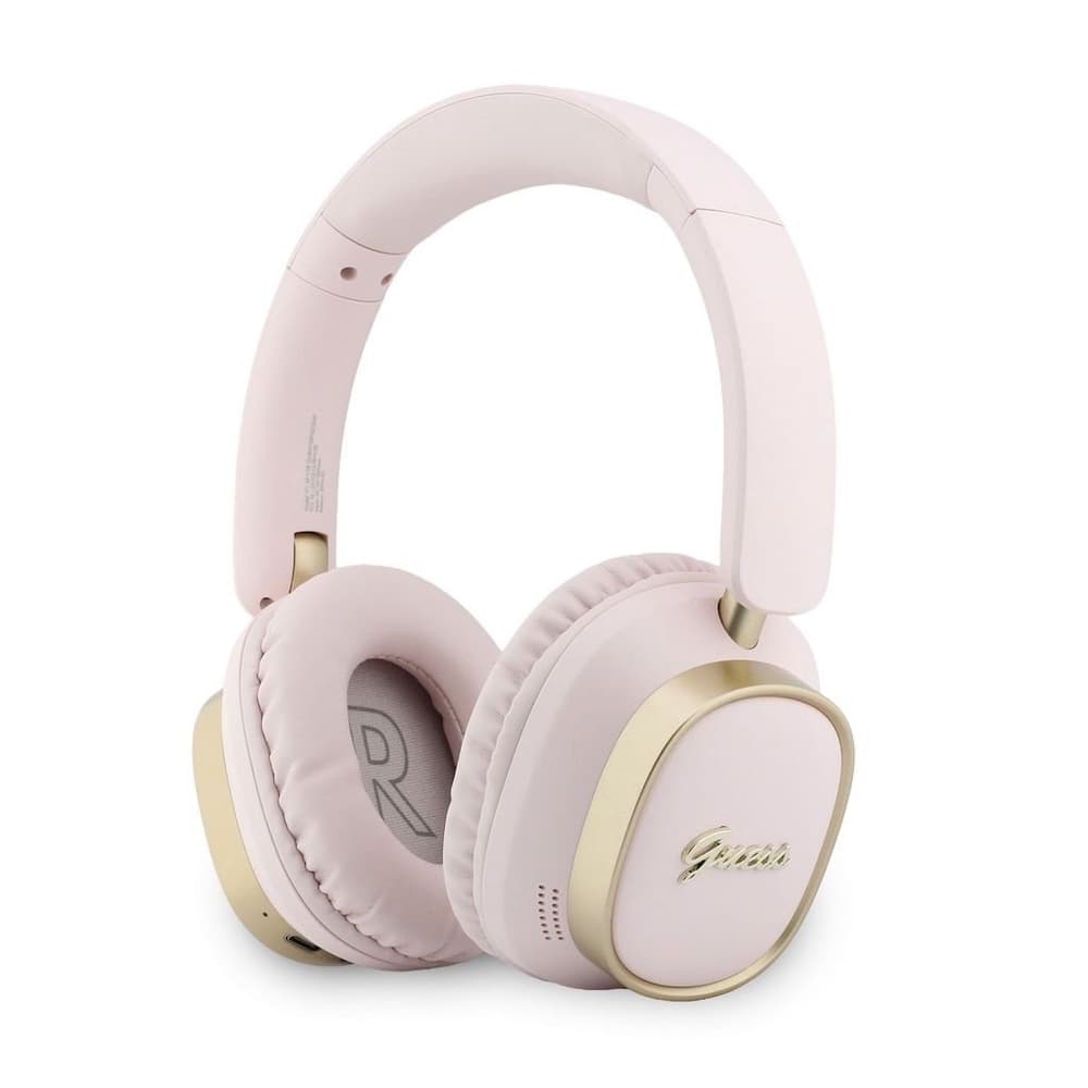 Безжични блутут слушалки с микрофон за мобилни устройства - Guess Rectangle Metal Script Logo ENC Wireless Over-Ear Headphone (розов)