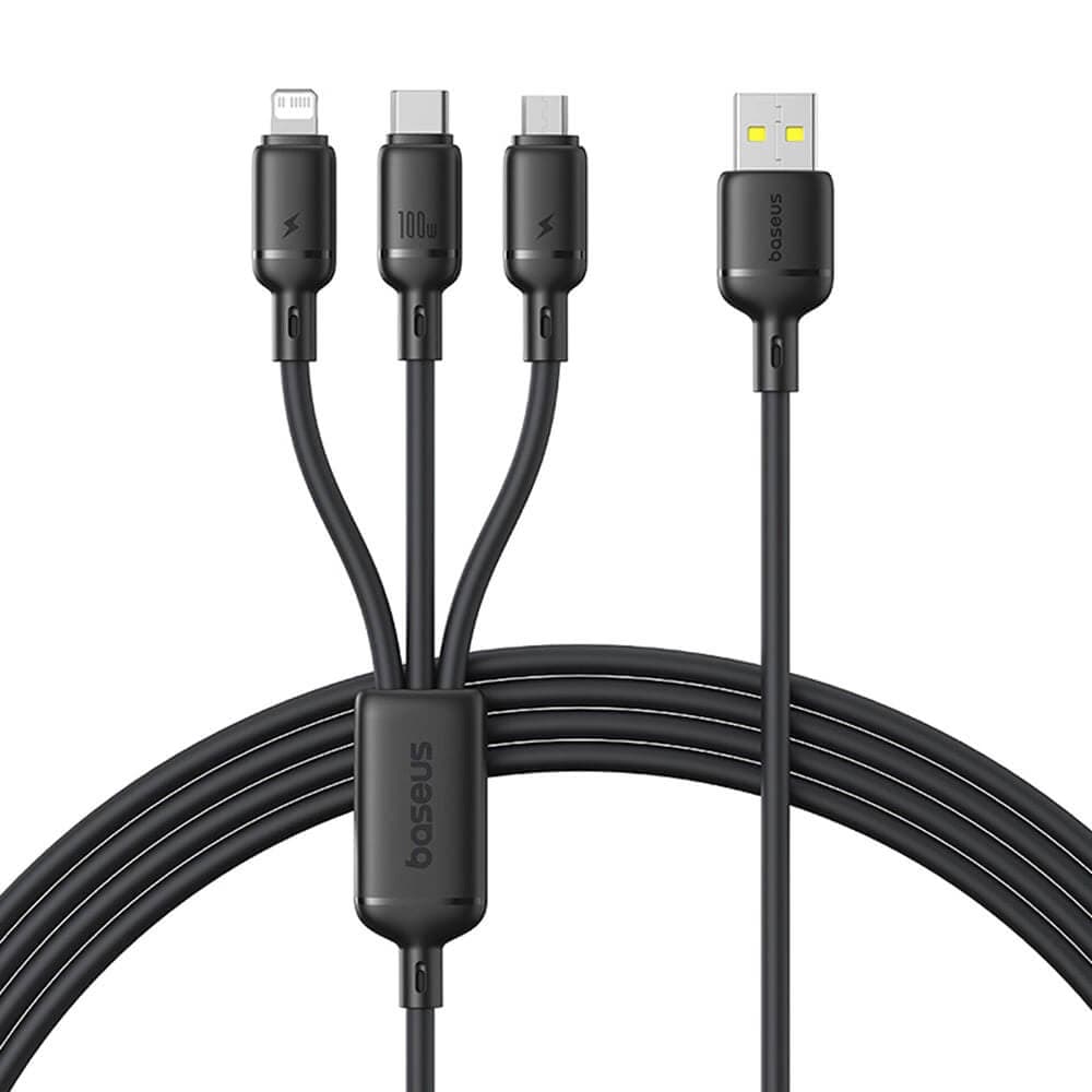 Универсален USB-A кабел с Lightning, microUSB и USB-C конектори - Baseus Silky 3-in-1 Universal Data Cable 100W (черен) (150см)