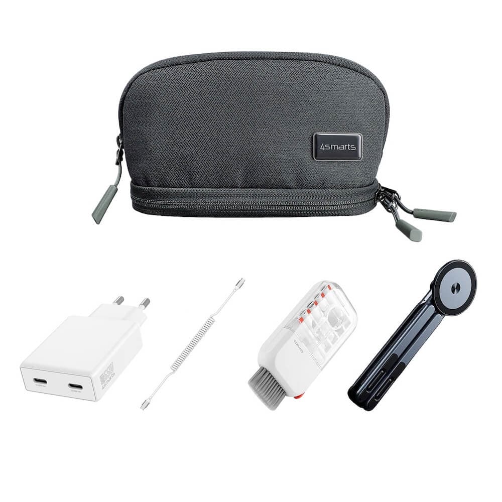 Комплект захранване за ел. мрежа, USB-C към USB-C кабел, преносима алуминиева сгъваема и комплект за почистване - 4smarts Premium Office Laptop Accessory Set (сив)