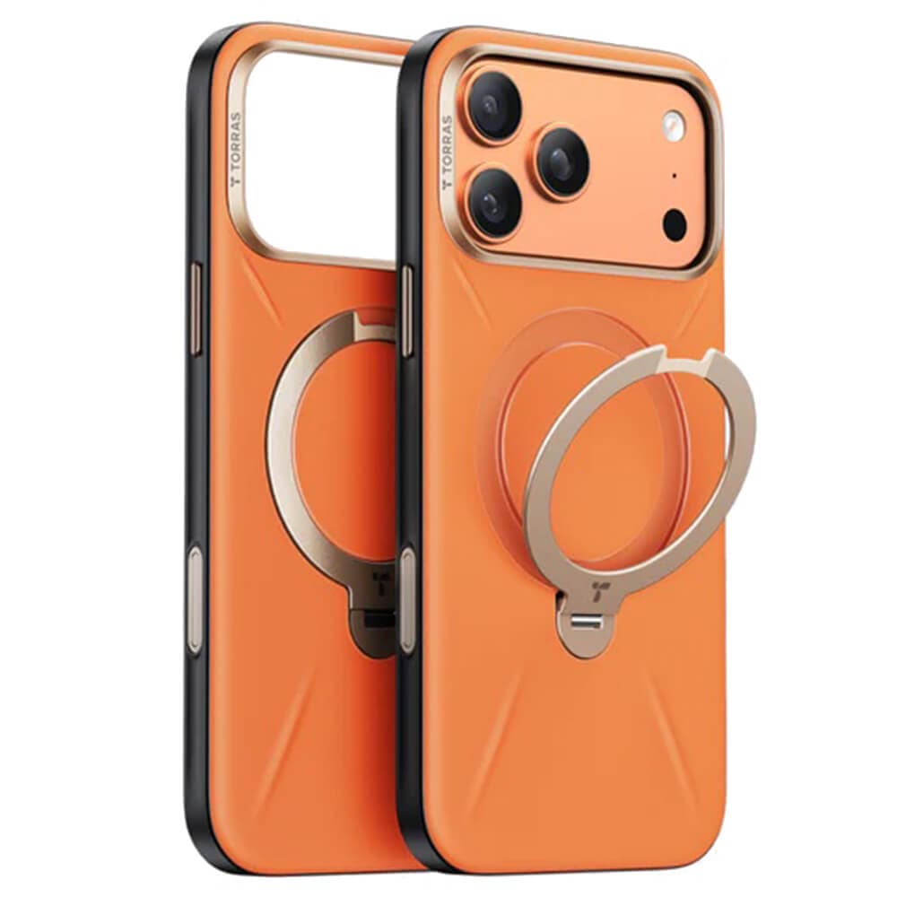 Кожен кейс с MagSafe и вградена поставка за iPhone 17 Pro - Torras QPRO Leather Series (оранжев)
