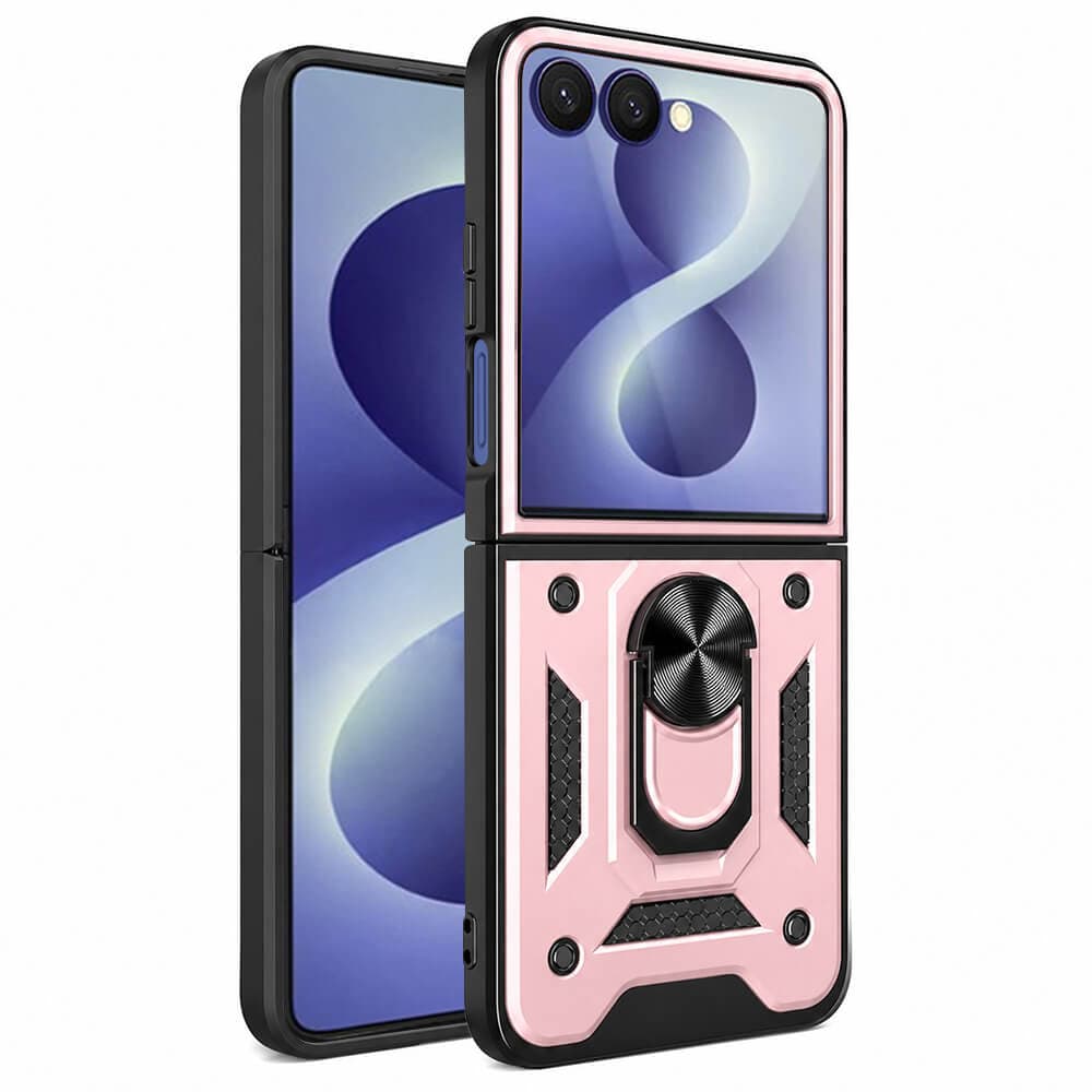 Хибриден удароустойчив кейс с пръстен против изпускане за Samsung Galaxy Z Flip8 - Techsuit CamShield Case (розово злато)