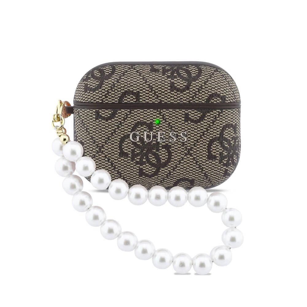 Кожен кейс с висулка за Apple AirPods Pro 3 - Guess PU 4G Classic Logo Pearl Strap Hard Case (кафяв)