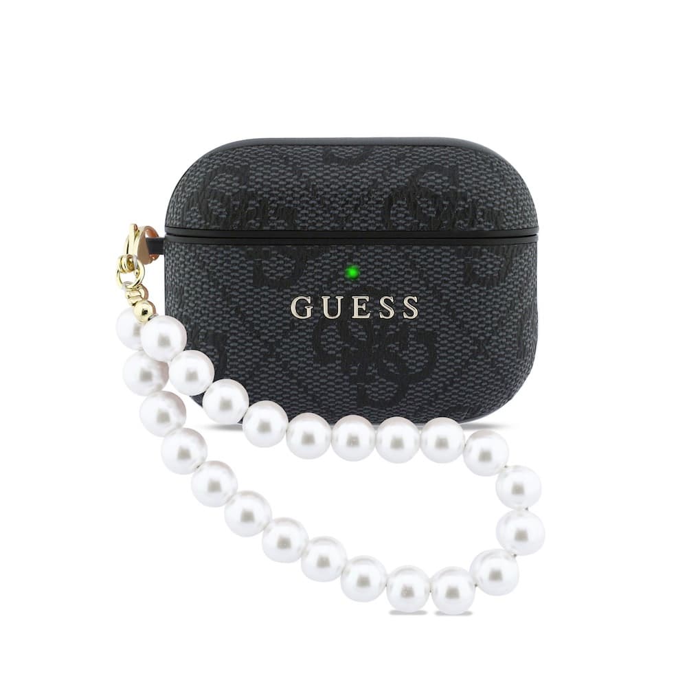 Кожен кейс с висулка за Apple AirPods Pro 3 - Guess PU 4G Classic Logo Pearl Strap Hard Case (черен)