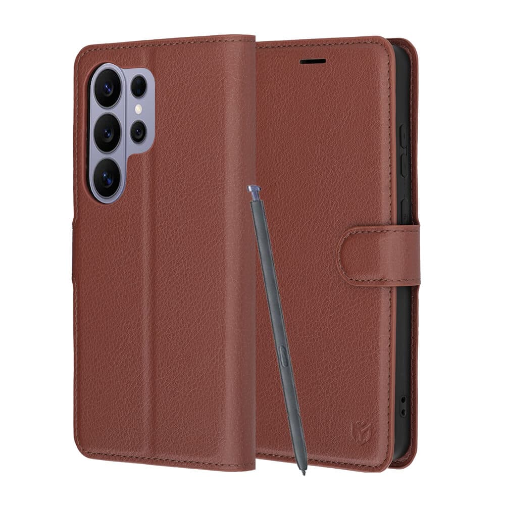 Кожен калъф с поставка и отделение за кр. карти за Samsung Galaxy S26 Ultra - Techsuit Leather Folio (кафяв)