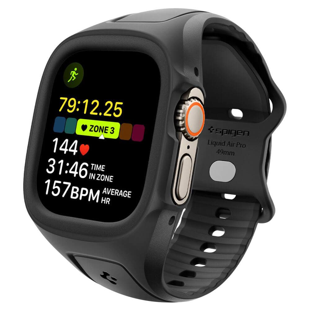 Удароустойчив TPU кейс с вградена каишка за Apple Watch Ultra, Ultra 2, Ultra 3 49мм - Spigen Liquid Air Pro (черен)