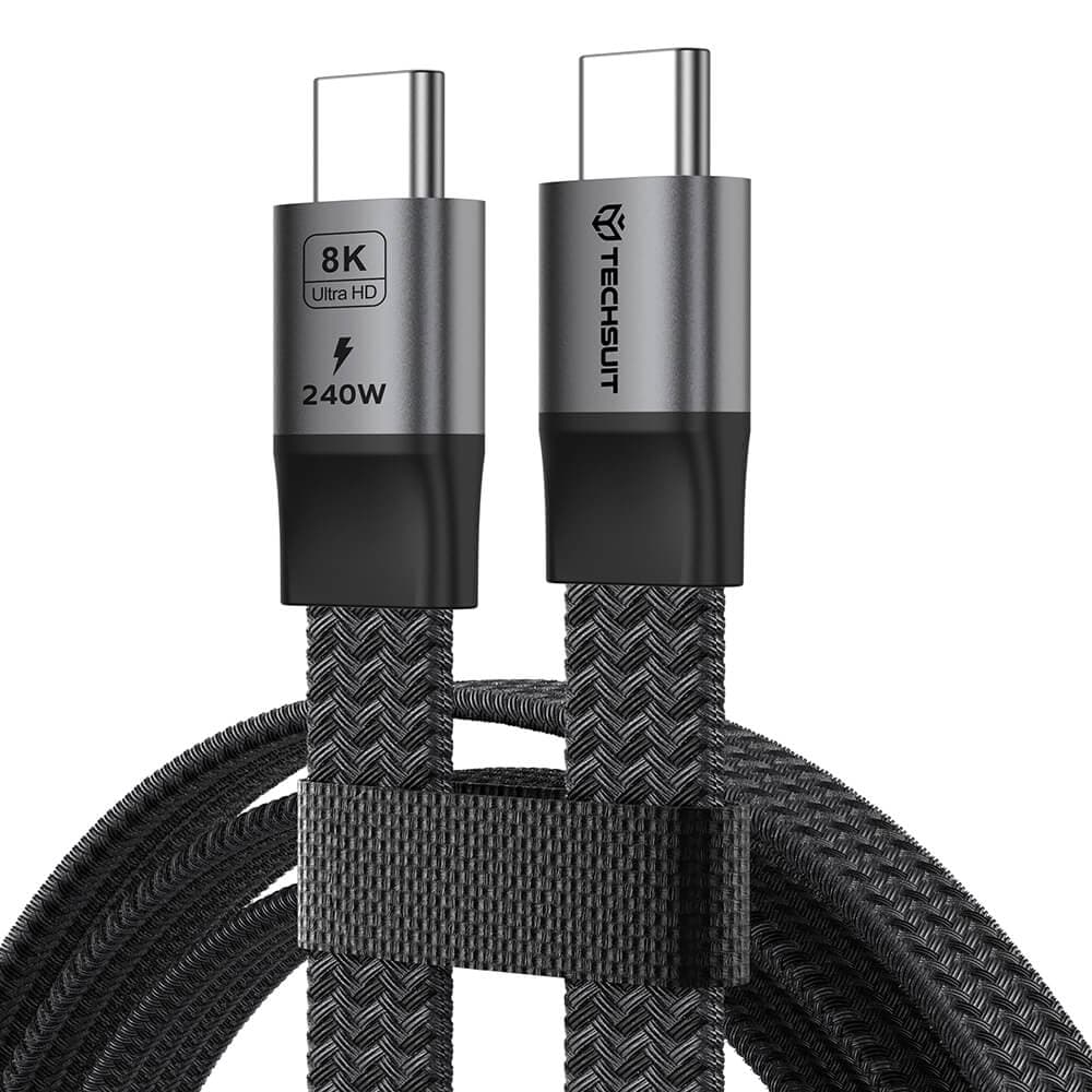 Здрав USB4 кабел с въжена оплетка и дисплей, за устройства с USB-C порт - Techsuit CX1 ElysiumSync Pro USB4 USB-C to USB-C Cable 240W (120 см) (черен)