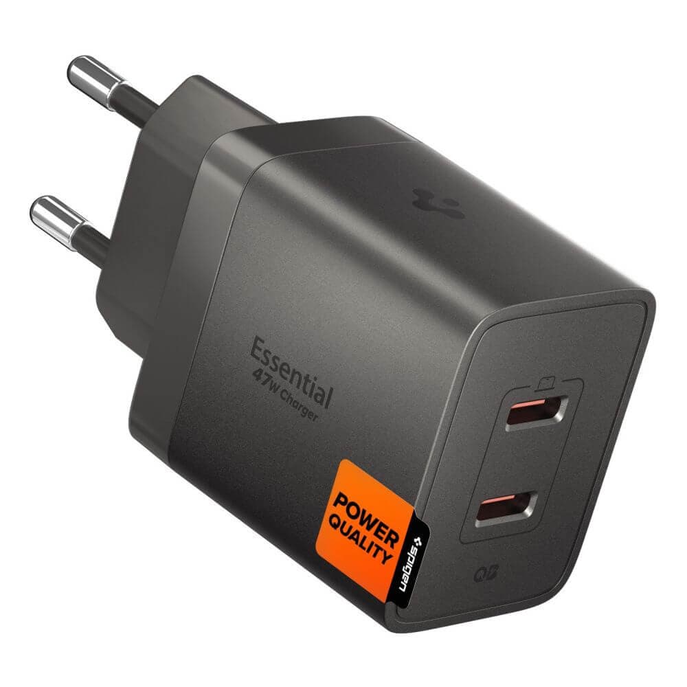 Захранване за ел. мрежа с 2xUSB-C PD изходи с технология за бързо зареждане - Spigen ArcStation Essential Dual USB-C Wall Charger 47W (тъмносив)