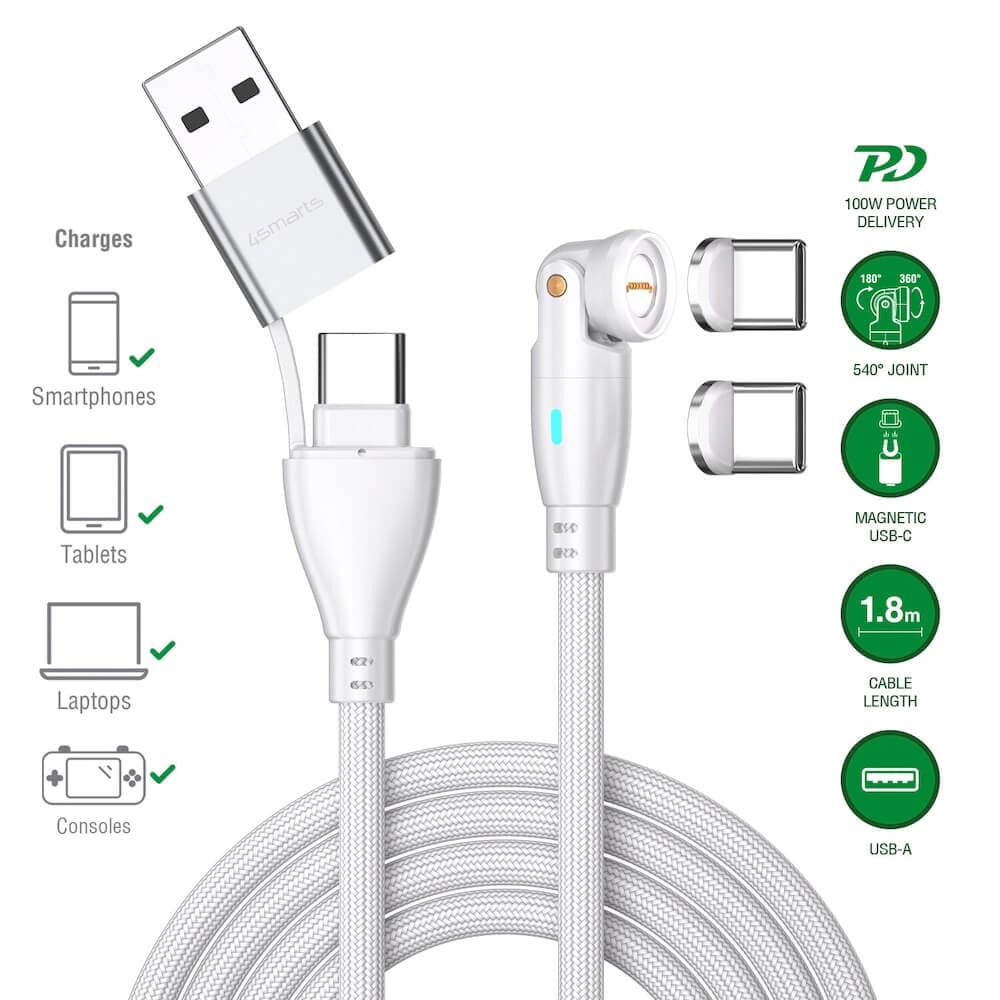 USB-C кабел с магнитен ннакрайник за устройства с USB-C - 4smarts GravityCord Magnetic USB-C to USB-C Cable Set 100W (бял) (180см)