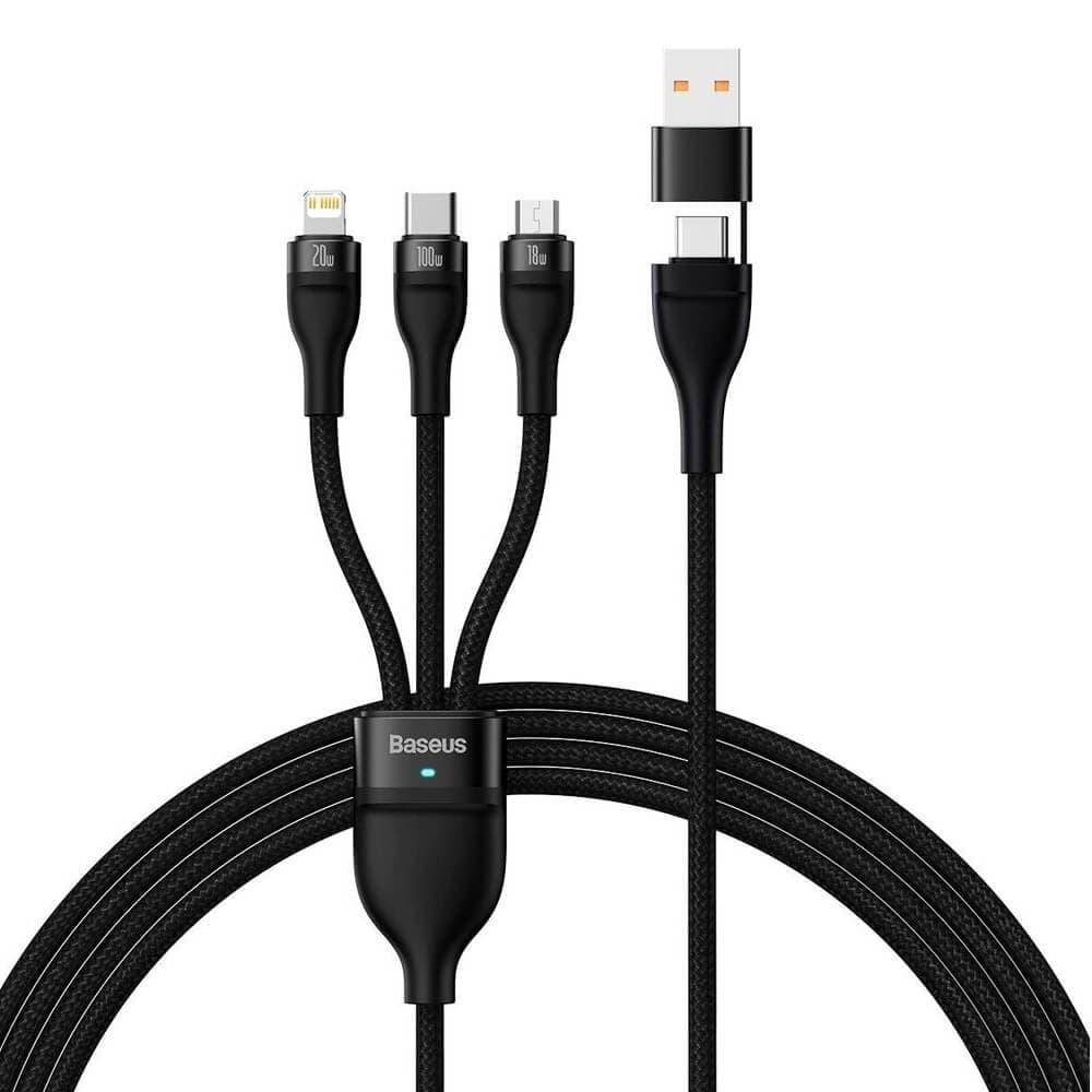 Универсален USB-C кабел с Lightning, microUSB и USB-C конектори - Baseus Flash Series II 3-in-1 USB-C Fast Charging Cable 100W (CASS030101) (черен) (120 см)
